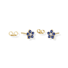 14K Solid Gold Blue Saffire Small Flower Earrings Stud Triple C Diamond's Yellow Gold 