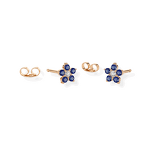 14K Solid Gold Blue Saffire Small Flower Earrings Stud Triple C Diamond's Rose Gold 