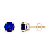 14K Solid Gold Solitaire Basket Round Blue Sapphire Earring Stud - Triple C Diamond's