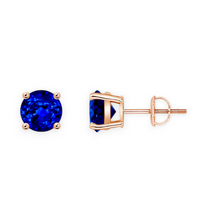 14K Solid Gold Solitaire Basket Round Blue Sapphire Earring Stud - Triple C Diamond's