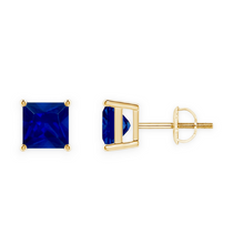 14K Solid Gold Solitaire Blue Sapphire Princess Earrings Stud - Triple C Diamond's