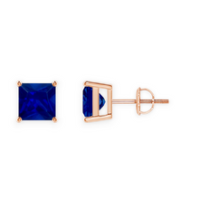 14K Solid Gold Solitaire Blue Sapphire Princess Earrings Stud - Triple C Diamond's