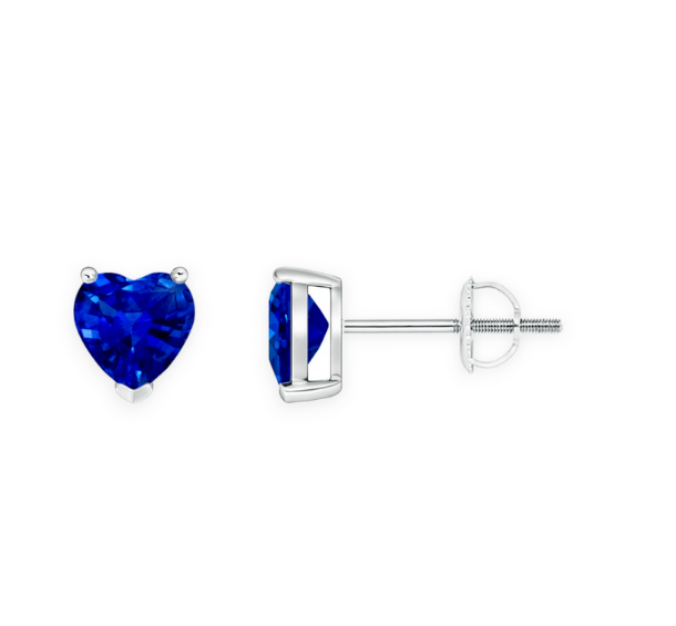 14K Solid Gold Solitaire Heart Blue Saffire Earrings Stud - Triple C Diamond's