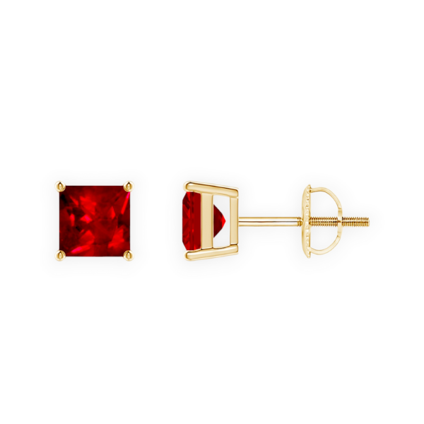 14K Solid Gold Solitaire Ruby Princess Earrings Stud - Triple C Diamond's