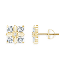 14K Solid Gold Square Floral Diamond Earrings - Triple C Diamond's