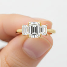 14K Solid Gold Three Stone Emerald Cut Diamond Ring - IGI Certified