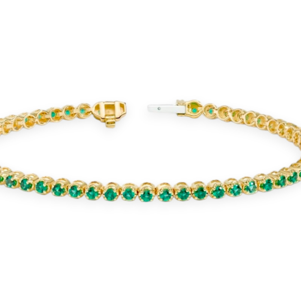 14K Solid Yellow Gold Round Green Emerald Tennis Bracelet