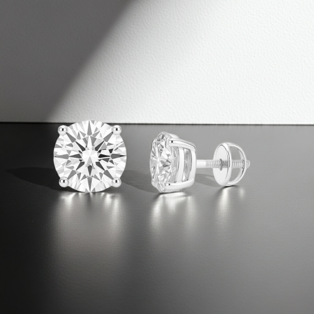 Round Cut 4 Prong Solitaire Diamond 14K Solid Gold Earrings Stud - IGI Certified