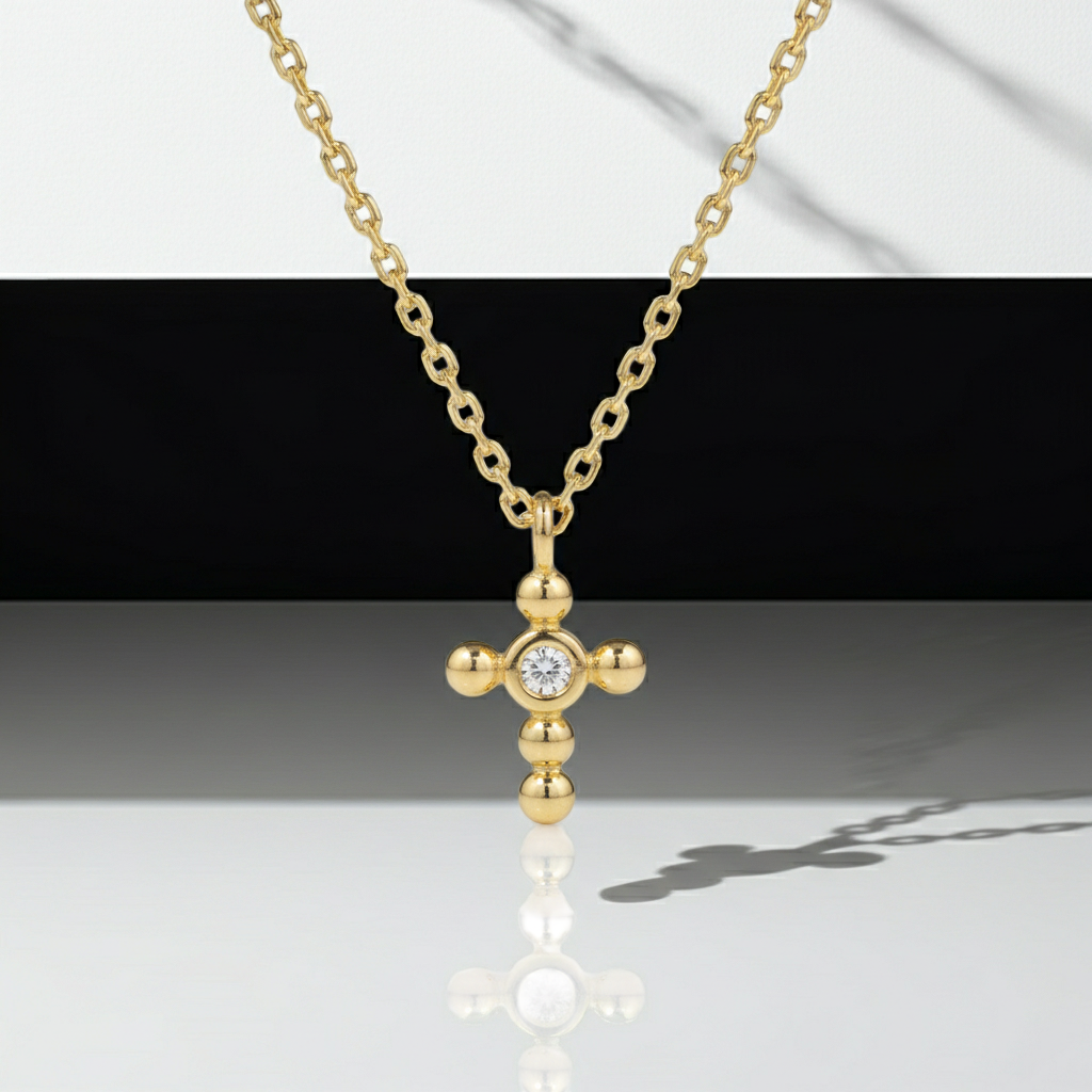 14K Solid Gold Dainty Cross Bezel Setting Diamond Necklace