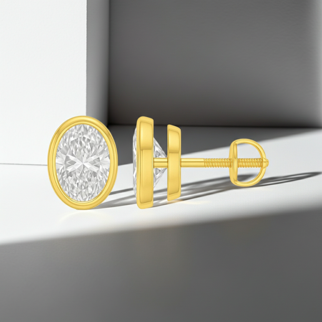 Oval Cut Diamond Bezel Setting 14K Solid Gold Solitaire Earrings Stud - IGI Certified