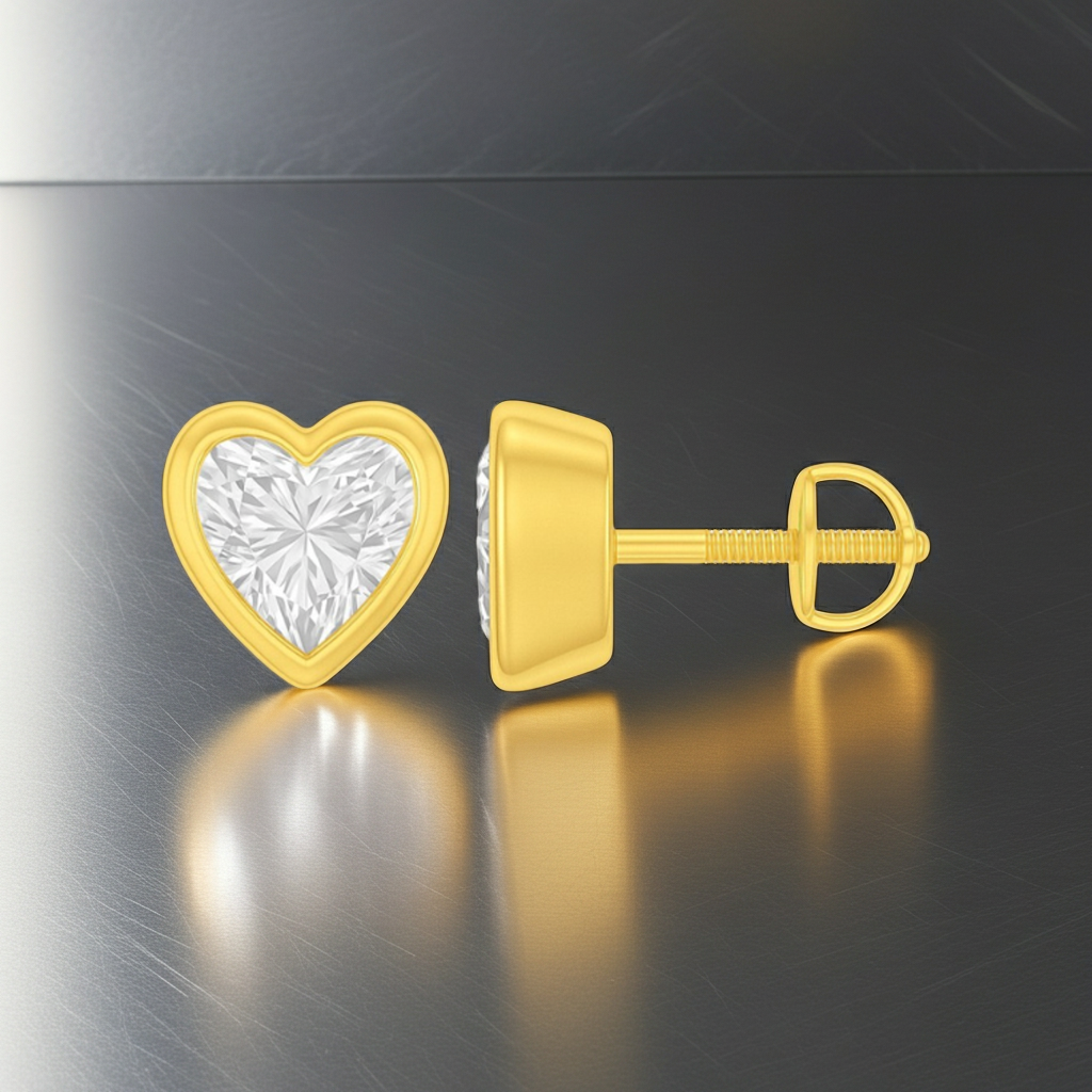 Heart Cut Diamond Bezel Setting 14K Solid Gold Solitaire Earrings Stud - IGI Certified