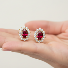 14K Solid Gold Ruby Halo Style Diamond Earrings