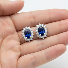 14K Solid Gold Blue Sapphire Halo Style Diamond Earrings