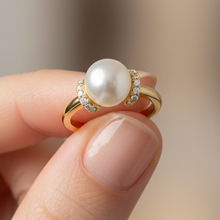 9.00 mm White South Sea Pearl 14K Solid Gold Statement Pearl and Diamond Ring