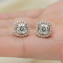 Cushion Cut Halo 14K Solid Gold Diamond Earrings Set for Women