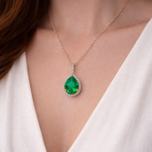 14K Solid Gold Emerald Halo Style Pear Diamond Necklace