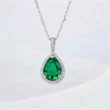 14K Solid Gold Emerald Halo Style Pear Diamond Necklace