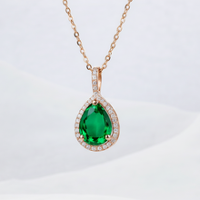 14K Solid Gold Emerald Halo Style Pear Diamond Necklace