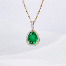 14K Solid Gold Emerald Halo Style Pear Diamond Necklace