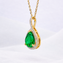 14K Solid Gold Emerald Halo Style Pear Diamond Necklace