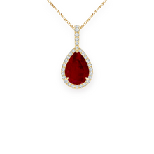 14K Solid Gold Ruby Halo Style Pear Diamond Necklace