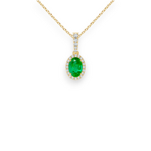 14K Solid Gold Genuine Emerald Halo Diamond Necklace