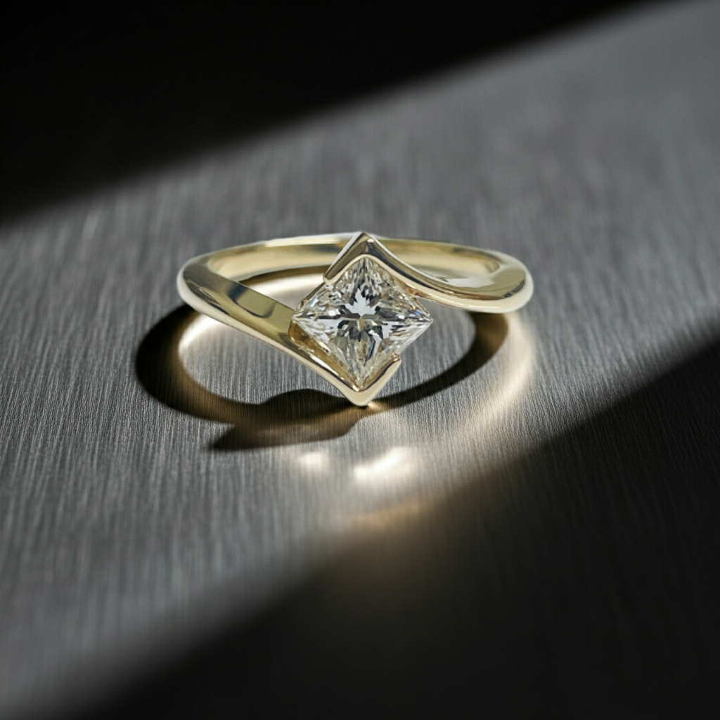 Princess Cut Bypass Setting 14K Solid Gold Engagement Ring