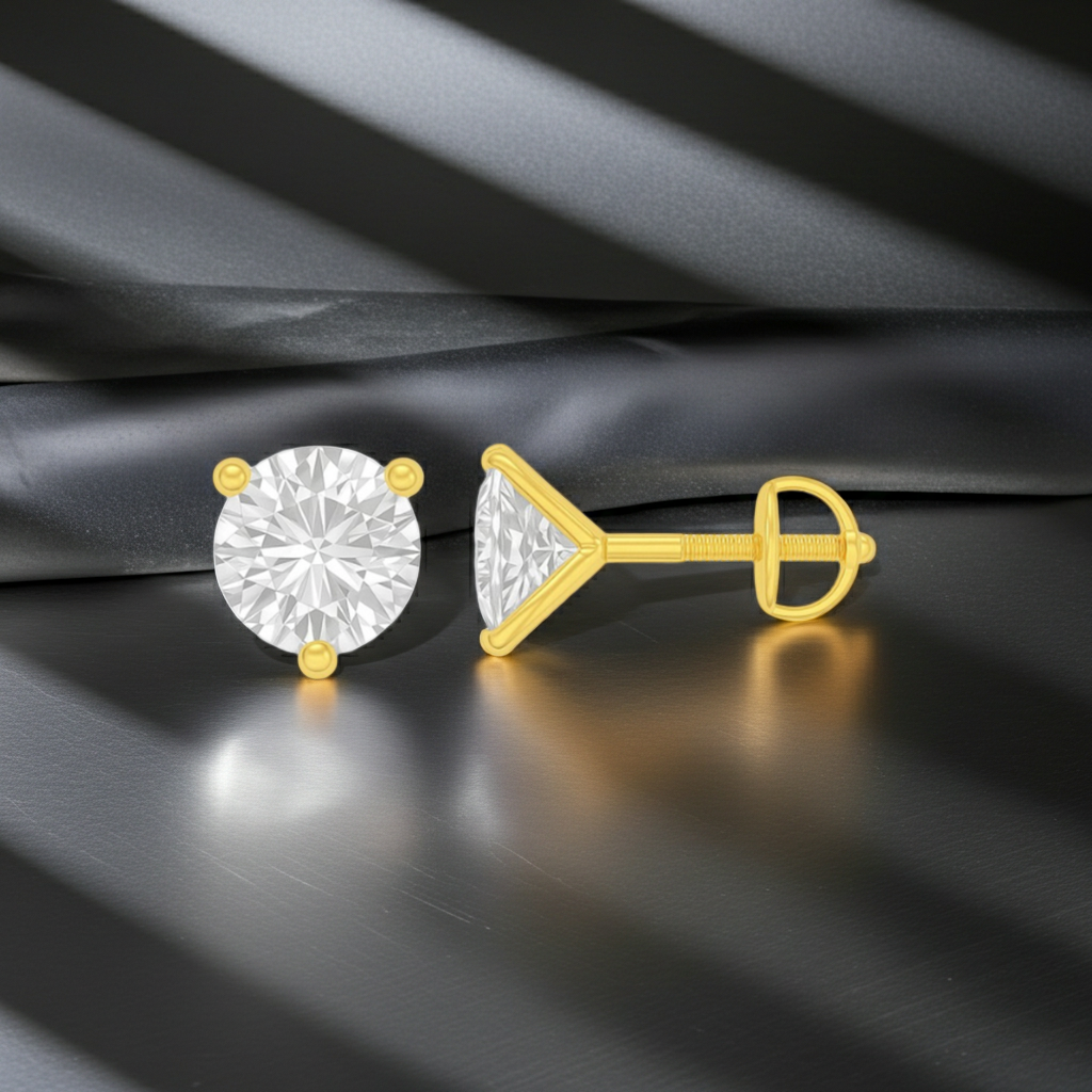 Round Cut Martini Style Solitaire 14K Solid Gold Earrings Stud - IGI Certified