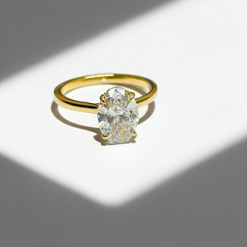 Oval Cut Hidden Halo 14K Solid Gold Cathedral Setting Engagement Ring