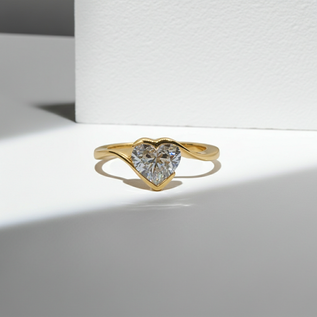 Heart Shape Solitaire Diamond Bypass Setting 14K Solid Gold Ring