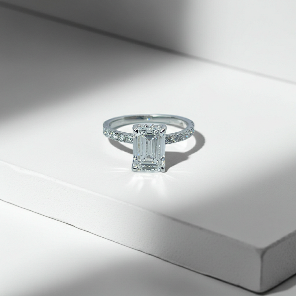 2 to 4 Carat Emerald Cut Pave Setting 14K Solid Gold Solitaire Diamond Engagement Ring