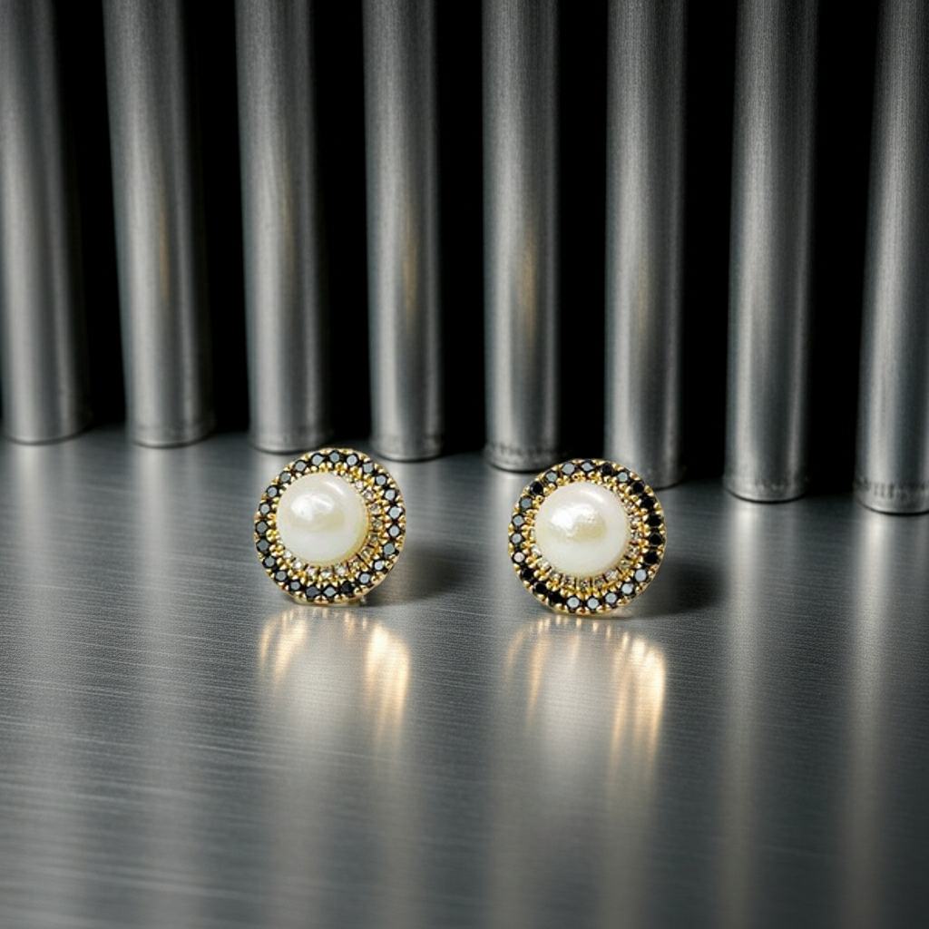 Real South Sea Pearl 14K Gold Earrings stud with Black and white Diamond Jacket
