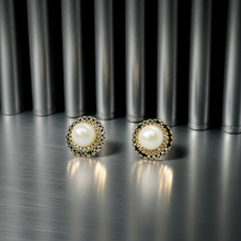 Real South Sea Pearl 14K Gold Earrings stud with Black and white Diamond Jacket