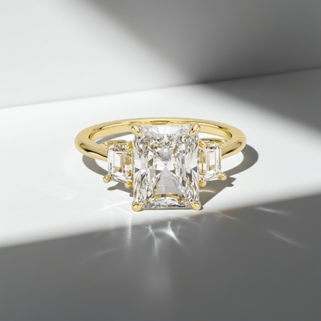 14K Solid Gold 3 Stone Radiant Cut Diamond Engagement Ring IGI Certified