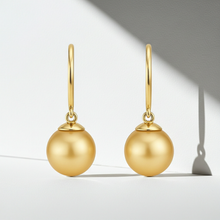 Luxurious South Sea Golden Pearl Dangling Earrings in 14K Solid Gold 9 MM