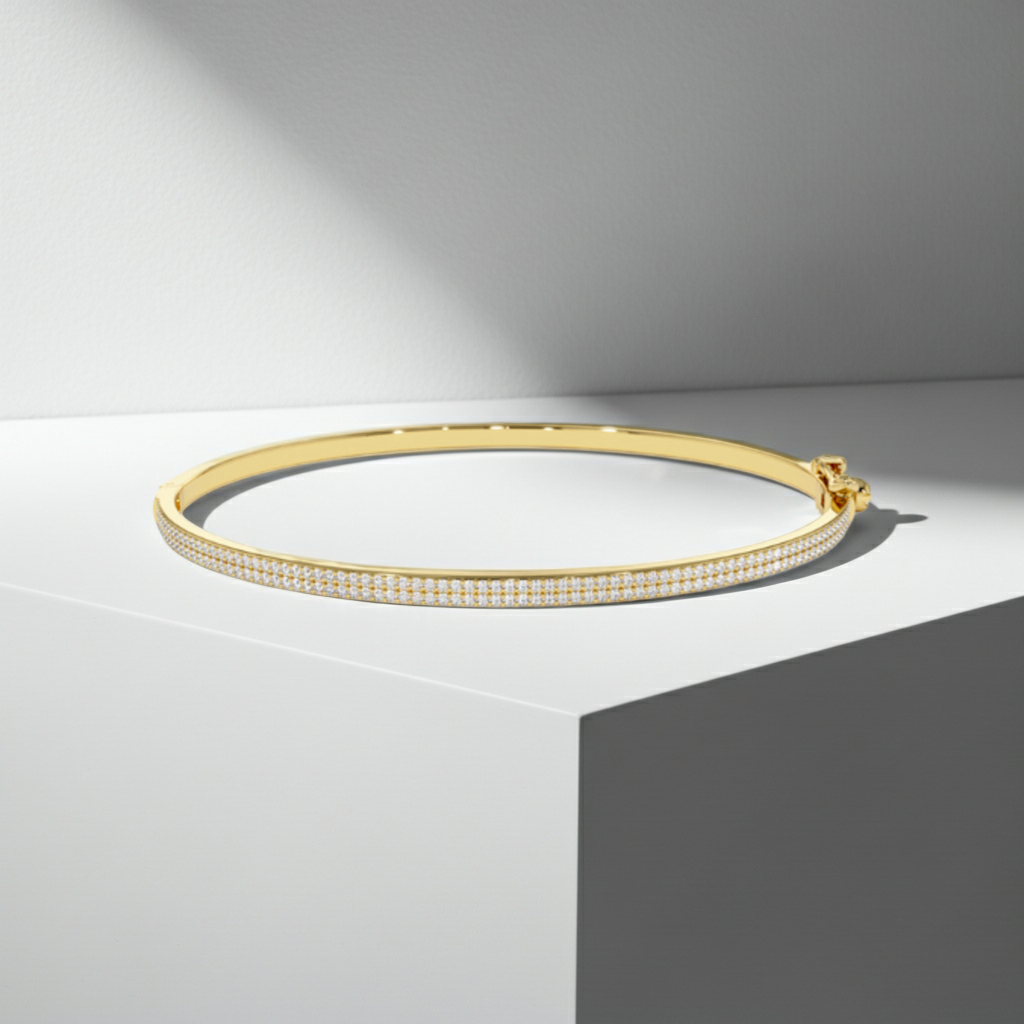14K Solid Gold 2 Rows Diamond Bangle