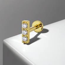 14K Solid Gold 3 Stone Diamond Bar Flat Back Stud