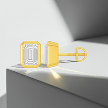 Emerald Cut 14K Solid Gold Bezel Setting Solitaire Diamond Earrings Stud - IGI Certified