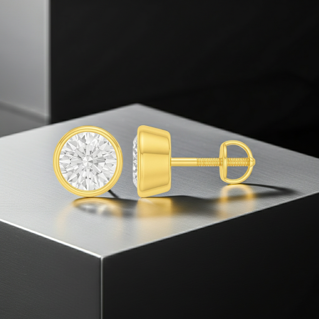 Round Cut Bezel Setting Solitaire 14K Solid Gold Earrings Stud - IGI Certified
