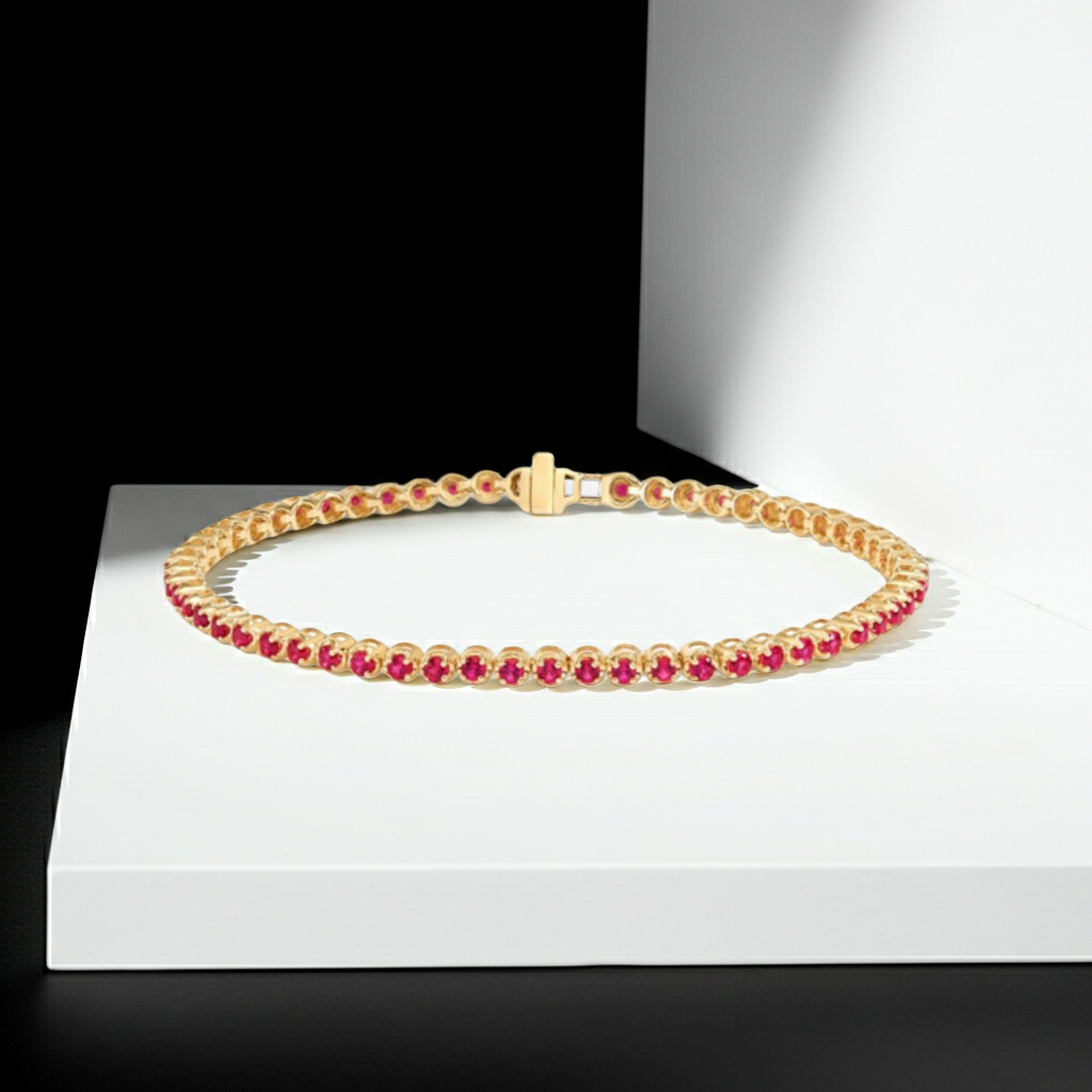 14K Solid Yellow Gold Classic Design With Ruby Tennis Bracelet