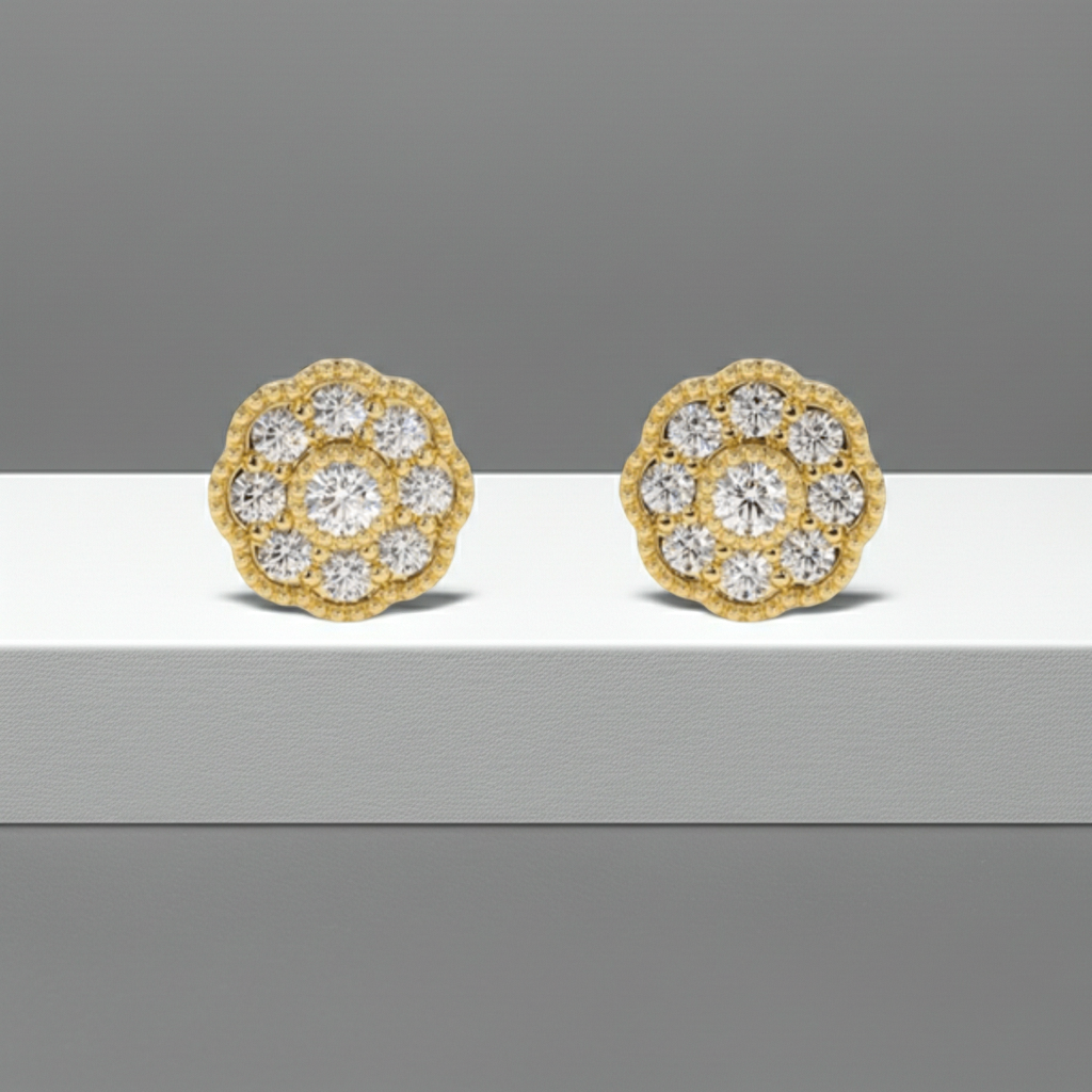 14K Solid Gold Diamond Flower Earrings screw back stud