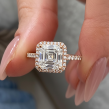Unique Asscher Cut Diamond Single Halo 14K Solid Gold Engagement Ring