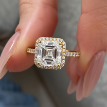 Unique Asscher Cut Diamond Single Halo 14K Solid Gold Engagement Ring