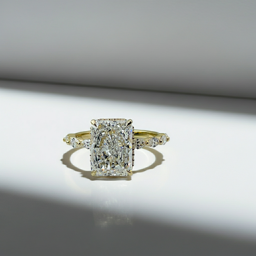 2 to 4 Carat Radiant Cut Hidden Halo Marquies Band 14K Solid Gold Diamond Engagement Ring