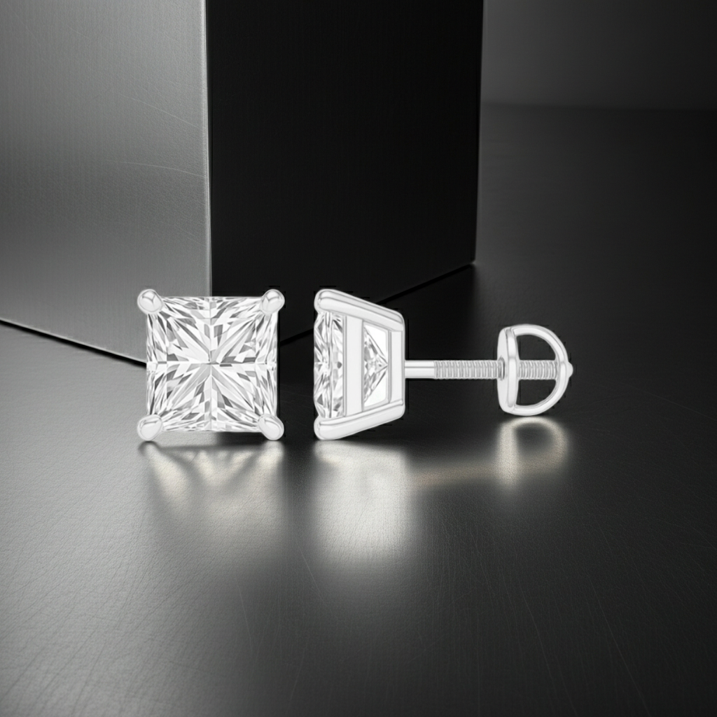 Princess Cut Diamond Solitaire 14K Solid Gold 4 Prong Earrings Stud - IGI Certified