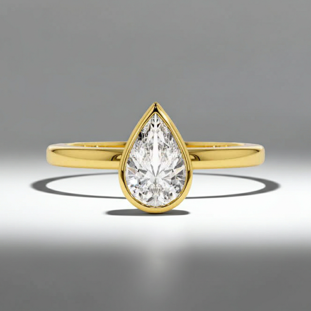 14K Solid Gold Bezel Setting Pear Cut Solitaire Diamond Ring - IGI Certified