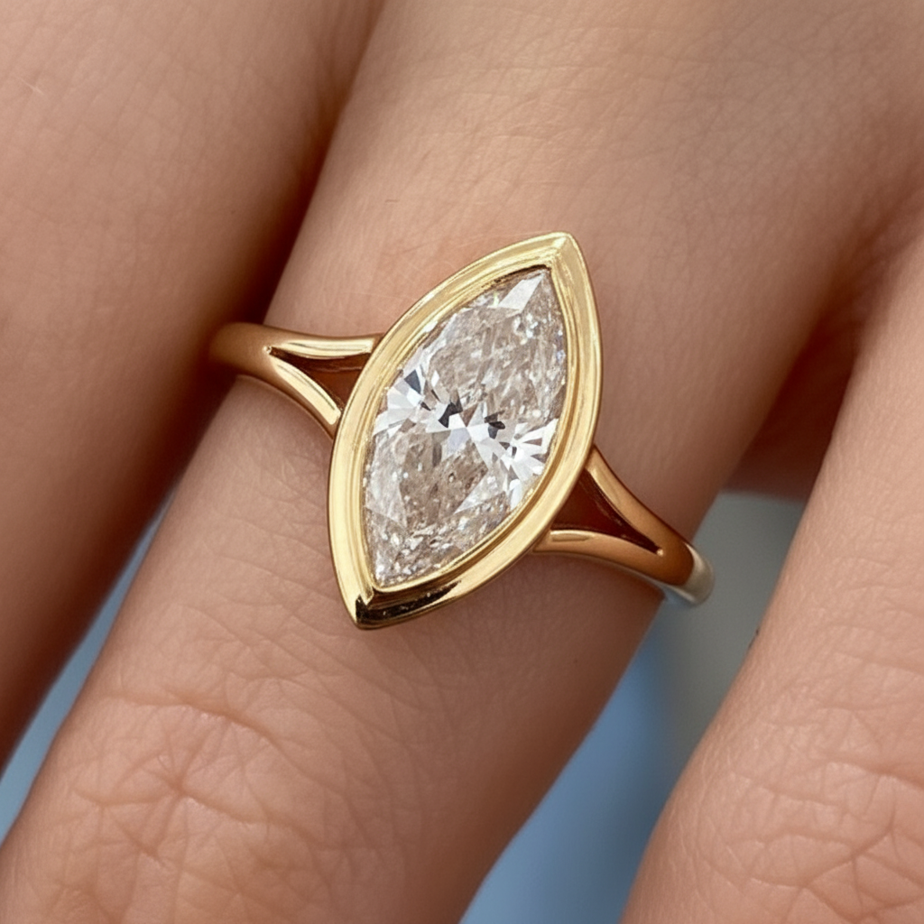 Marquies Cut Diamond Bezel Setting 14K Solid Gold Solitaire Engagement Ring