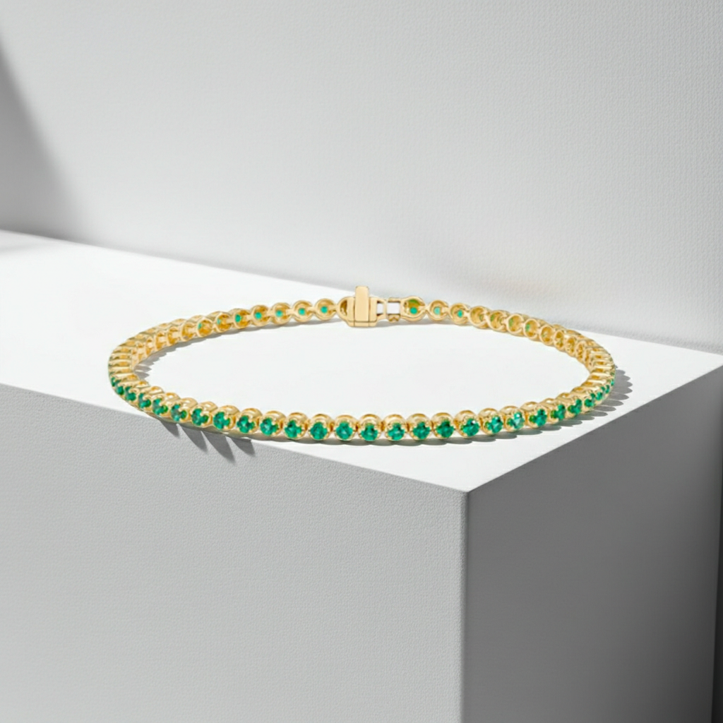14K Solid Yellow Gold Round Green Emerald Tennis Bracelet