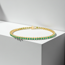 14K Solid Yellow Gold Round Green Emerald Tennis Bracelet