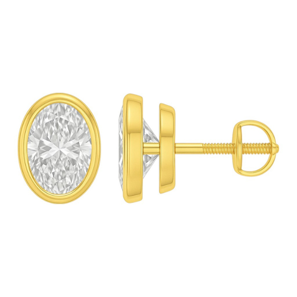Oval Cut Diamond Bezel Setting 14K Solid Gold Solitaire Earrings Stud - IGI Certified